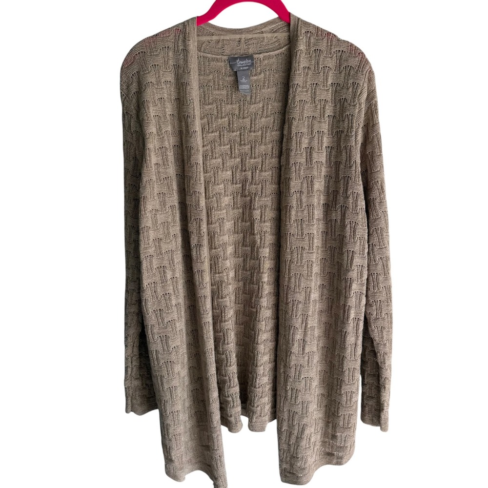 CHICOS Travelers Gold Elegant Basketweave Open Front Ladies Cardigan, L